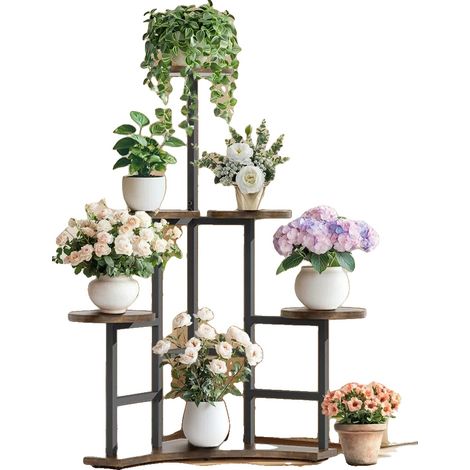 Soporte para plantas de 4 niveles, estilo rústico, color marrón. (1/2)