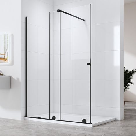 Walk In Dusche mit Schiebetür 140x185cm Klarglas 6mm ESG Sicherheitsglas Duschabtrennung Duschwand Duschtrennwand Echtglas-Dusche, Schwarz