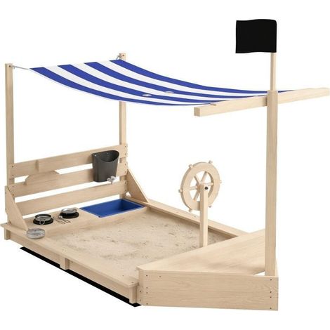 Bac à sable bateau pirate en bois massif avec auvent et ensemble de cuisine pour enfants. Dimensions 180 × 103 × 144,5 cm, tons naturel et bleu