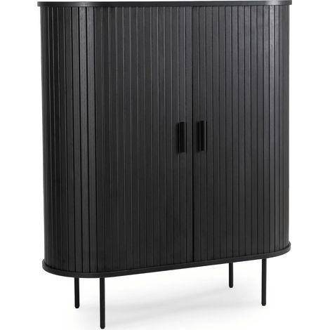 Commode Trish haute à tiroirs coulissants 100 cm, noire, deux portes rainurées, style moderne (1/5)