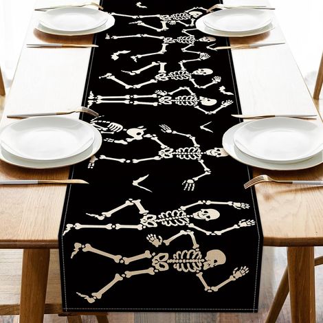 Nappe noire gothique à motif de crâne pour Halloween - 33 x 183 cm, décoration de table squelette et chauve-souris pour la cuisine et la salle à manger, décoration festive en toile de jute pour les fê (1/5)