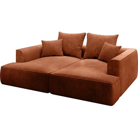 Vente-Unique – Canapé 3 places convertible en velours côtelé terracotta – Assise profonde – Coussins déhoussables – Fabrication européenne (1/5)