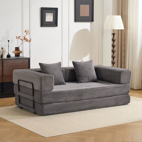 Sofá cama futón plegable (185x92.5x60 cm), convertible en cama, sin montaje, tejido de pana, gris oscuro (1/5)