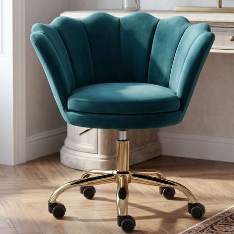 Wahson Bürostuhl höhenverstellbar Weicher Samtbezug, Blütenform Goldener Sockel höhenverstellbar mit Rollen ideal für Schminktisch& Schlafzimmer, Türkis (1/5)