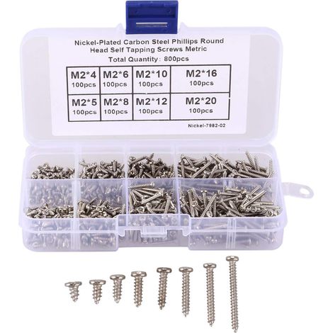 Lot de 800 vis auto-taraudeuses M2 en acier au carbone Assortiment de vis M2 x 4/5/6/8/10/12/16 mm/20 mm (1/5)