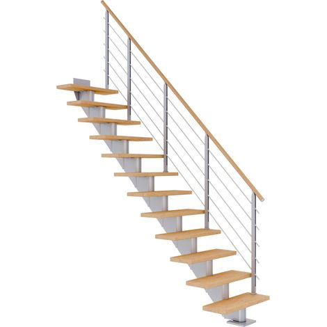 Dolle Mittelholmtreppe Hamburg Gerade Eiche weiß, geölt 85 cm breit für Geschosshöhen 222 – 258 cm UK Metall Perlgrau inkl. einseitigem Designgeländer