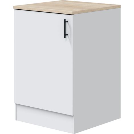 Pegane – Meuble bas de cuisine 1 porte blanc brillant – Plan de travail effet chêne canadien – Dimensions 90x60x60 cm – Charnières métalliques