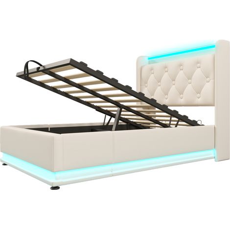 Cama tapizada 90x200 cm con LED 360°, arcón hidráulico, USB-C, blanca, MODENUIT (1/5)