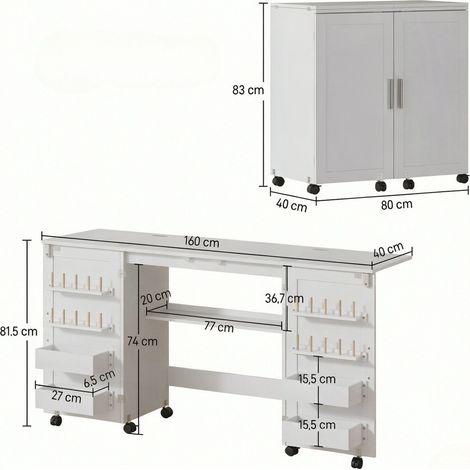 Table couture pliable roues, 2 portes magnétiques 4 bacs 20 crochets, table rangement multifonction, coloris blanc (1/5)