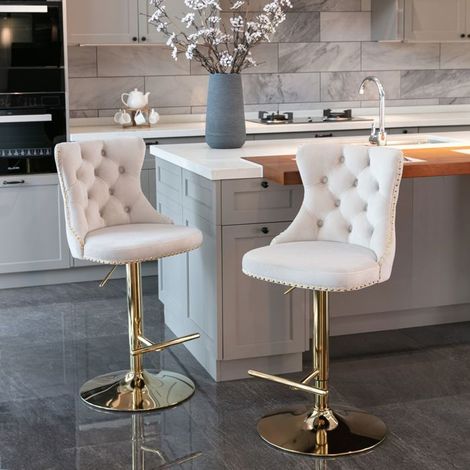 Tabouret de Bar hauteur réglable assise pivotante revêtement en velours beige dossier capitonné à boutons piètement doré (1/5)