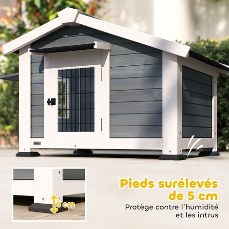 Niche pour Chien Extérieur Abri Jardin Surélevé Plancher Amovible Auvent de Porte et Toit Imperméable 98x76x69,5cm Gris (1/5)