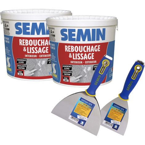 Lot de 2 enduits de rebouchage en pâte spécial fissures et trous de vis Semin - intérieur/extérieur - Seau de 1,5 kg, un couteau à enduire - 10 cm et un couteau à enduire multifonctions - 15 cm