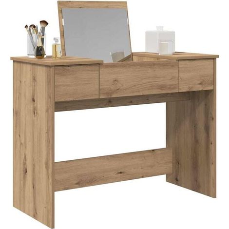 Table de Maquillage en Chêne Massif, 100 x 45 x 76 cm, Meuble de Toilette avec Rangement pour Chambre (1/5)
