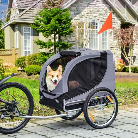 Remorque vélo pour chien de taille moyenne avec fenêtres latérales et drapeau - cm - remorque vélo en acier et tissu Oxford - gris et noir