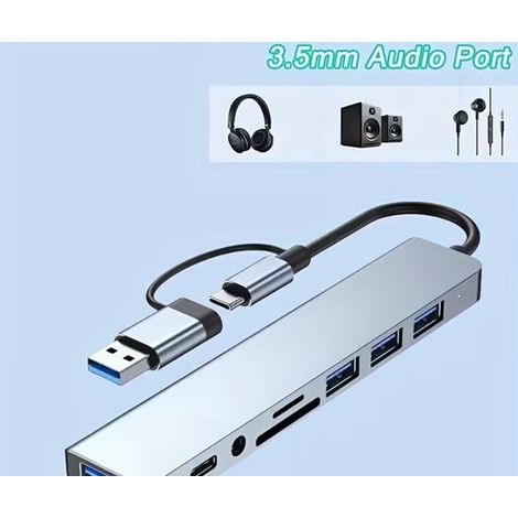 Hub 8 en 1，puertos USB y Tipo-C，estación de acoplamiento multifuncional con USB 3.0 + USB-C + SD/TF + audio de 3,5 mm，tabletas y ordenadores (1/5)