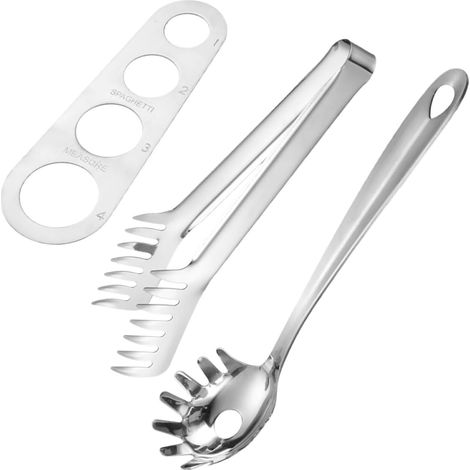 Ustensile pâtes 3 pièces inox : pince, cuillère spaghetti, mesureur – accessoire pratique cuisson/service (1/5)