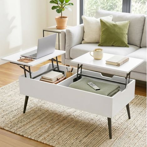 Tavolino da salotto sollevabile 100 x 50 cm con vano nascosto, bianco OKMYHOME (1/5)