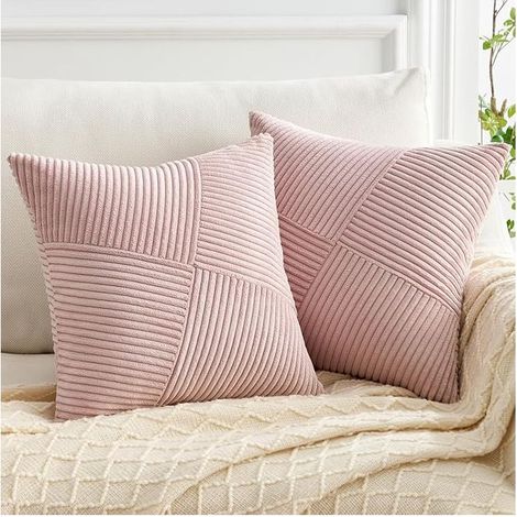 Funda de cojín de pana rosa de 45x45 cm, funda de cojín decorativa supersuave para sofá con estampado de rayas patchwork, decoración para el hogar, ideal para sala de estar o dormitorio, juego de 2. (1/4)