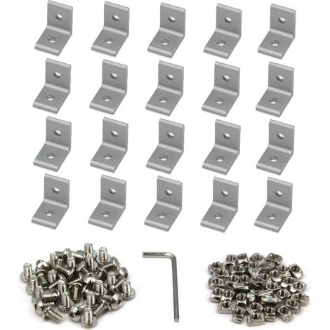 Lot de 20 supports d'angle 2020 Series 2 trous en aluminium argenté avec vis M5 + écrous en T pour fente 6 mm - Profil d'extrusion en aluminium 2020 (argenté avec écrou) (1/5)