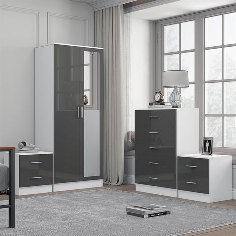 Reflect 2 Door Mirror Wardrobe, 5 Drawer Chest, 2x 2 Drawer Bedsides - Grey Gloss & Matt White - Modern Bedroom Furniture Set