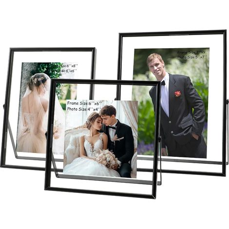 Ensemble de 3 cadres photo flottants noirs comprenant des verticaux en et 6"×6" 6"×8" 7"×9" Métal Verre (1/5)