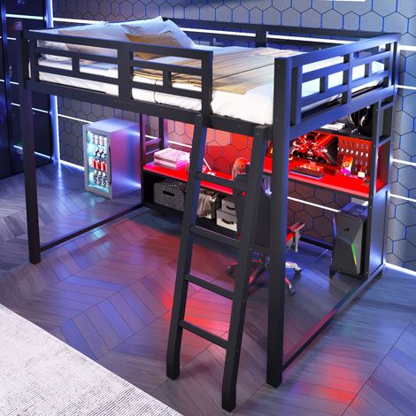 Cama alta 140x200 cm con escritorio, estantes y luz LED RGB, estructura de metal y MDF negra, para dormitorio juvenil y zona gaming moderna – CHICFURN (1/5)