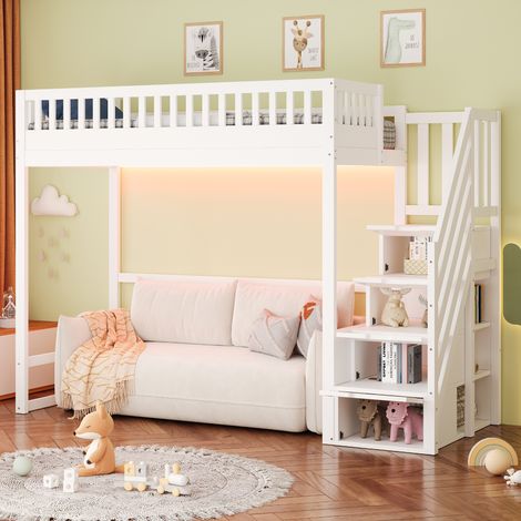Lit surélevé 90x200 cm, échelle sécurisée, barrière de protection, structure en pin massif, éclairage LED, escalier amovible des deux côtés, literie enfant, blanc (1/5)