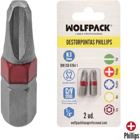 Puntas Destornillador Phillips Nº 3 (2 Piezas). Acero S2 al Cromo Vanadio. Puntas Hexagonales, Destorpuntas, (1/5)