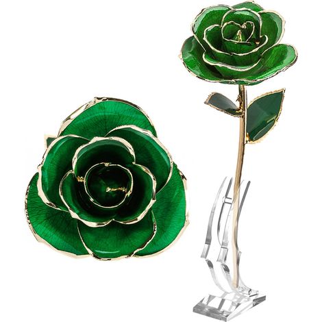 Rose Forever Green 24K véritable fleur artificielle avec feuille et base, décoration artisanale (1/5)
