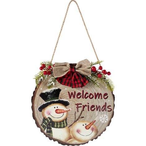 Décoration de Noël en bois à suspendre - Panneau de bienvenue pour porte - Couronne festive à suspendre (1/5)