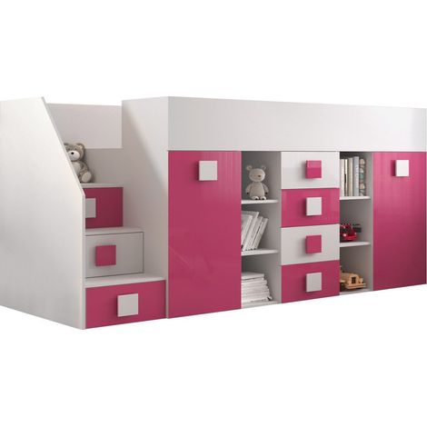 Litera Hartford 366, Blanco + Rosa brillante + Blanco brillante, Individuales, 90x200, Aglomerado laminado, Somieres, 94x249x124cm (1/4)