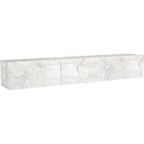 Vente-Unique â Meuble TV suspendu 180 cm â 3 portes battantes â Marbre blanc mĂ©laminĂ© â Charge max 36 kg â Ă fixer au mur