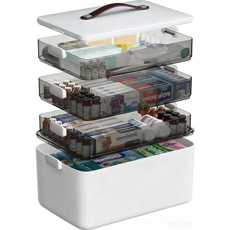 Boite de Rangement pour Médicaments et Pharmacie - 4 couches avec poignée en cuir, portable pour boite medicaments courants, loisirs créatifs, couture et fournitures artisanales (1/5)