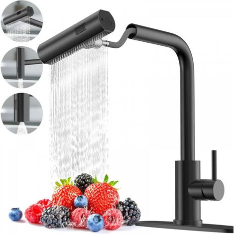 Robinet de cuisine en cascade noir mat avec pulvérisateur amovible, monotrou, poignée unique, robinet extractible, robinet d'évier en acier inoxydable pour maisons de campagne (1/4)