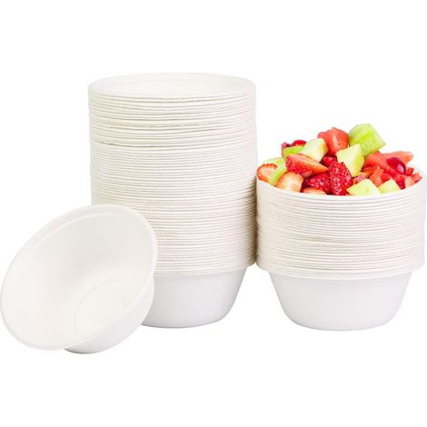 Vaisselle Jetable Bol Jetable 120 Pièces Bols Jetables 500ML Écologique Saladier Soupe Dessert Compostable Blanc en Sugarcane Bagasse Bols Jetables (1/5)