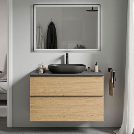 BERNSTEIN - Mueble lavabo suspendido MDF Roble Miel, encimera de lavabo antracita mate, tirador cromado 80x46x62cm - LAVOA cromo, Roble Miel Oro, antracita mate