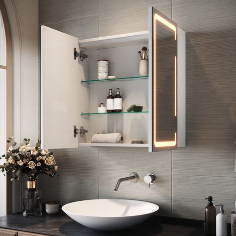 SIRHONA  Miroir lumineux de salle de bain avec prise rasoir Anti-buée meuble à miroir avec éclairage LED Armoires de salle de bain murales 590 x 600mm — vue 2