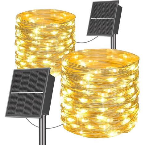 Lot de 2 Guirlande Solaire Exterieur, 20M 200LED Guirlande Lumineuse Exterieure Solaire Étanche IP65, 8 Modes Lumière Solaire Guirlande Guinguette Extérieur Décoration pour Noël Jardin Fête-BlancChaud