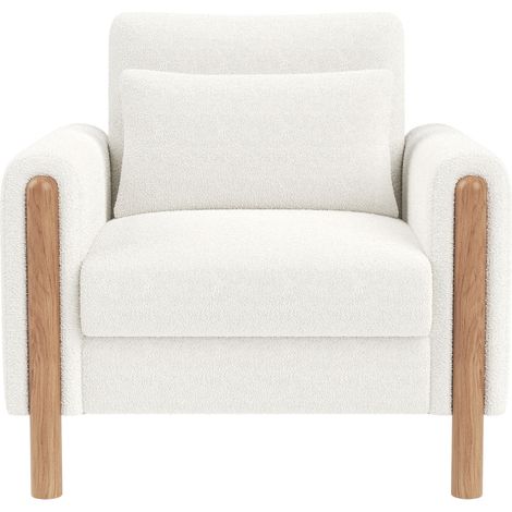 Poltrona lounge imbottita bianca in tessuto Teddy con cuscino spesso e struttura in legno (1/5)