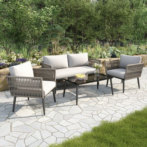 Salon de jardin-2 canapé+2 fauteuil+table basse-PE tressée imitation herbe-plateau verre noir-acier galvanisé-gris-125,5x71,5x67cm (1/5)