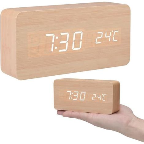 BelleRise - Réveil numérique LED date, heure, température, commande vocale, luminosité réglable, USB ou piles, jaune (1/5)