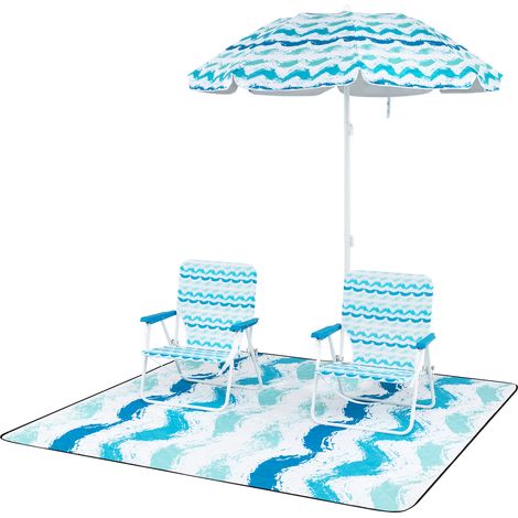 Ensemble de Plage 4 Pièces avec Parasol, 2 Chaises Pliables et Tapis de Pique-Nique, Parasol Portable avec Mécanisme d'Inclinaison, Sac de Transport
