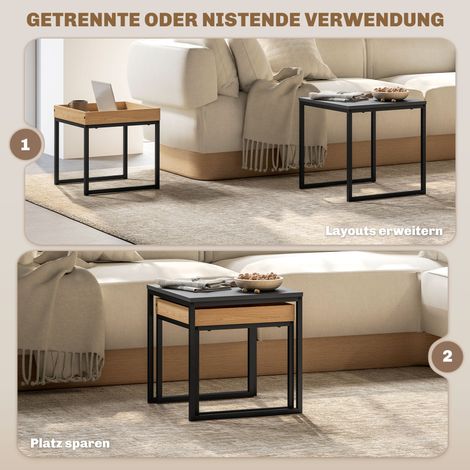 Lot de 2 tables basses carrées noires en MDF et métal, tables d'appoint modernes pour petits espaces. (1/4)