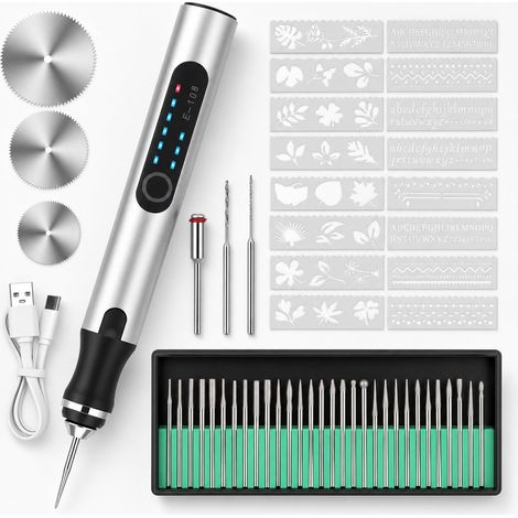 Mini Stylo Graveur Électrique Sans Fil, 3 Vitesses & USB Rechargeable avec 35 Bits pour Bijoux, Verre, Bois, Métal, Plastique, Résine, Cuir, Pierre (1/5)