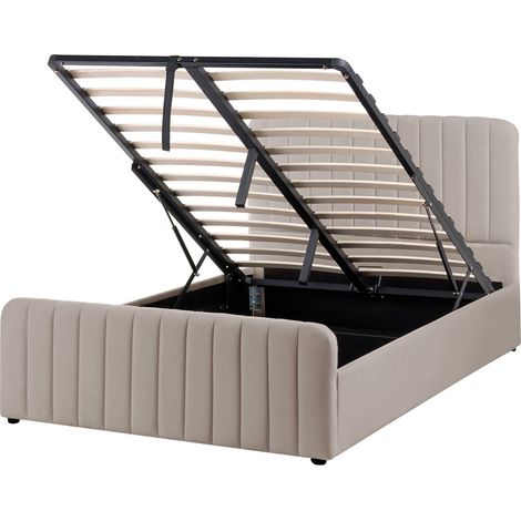 Ottoman Bed Taupe Fabric Upholstered EU Small Double Size With Headboard and Footboard Lift- Up Storage LUNAN (1/5)