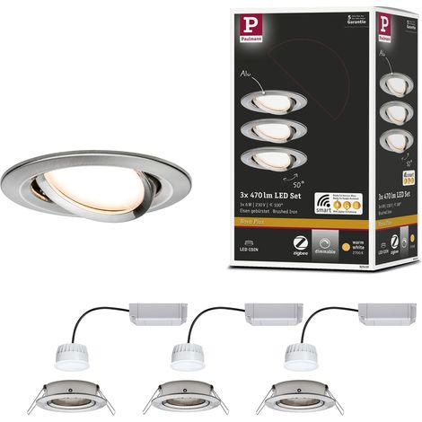 Spot encastré LED Nova Plus Smart Home ZigBee kit rond orientable 3x6W gradable projecteurs enc. Acier brossé spot Alu zinc 2700K (1/5)