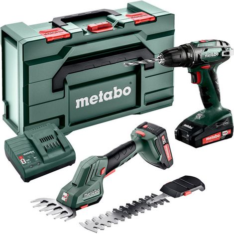Set combo Metabo 2.2.5 18V trapano avvitatore a batteria BS + forbici per erba SGS LTX Q con batterie + caricabatterie in metaBox