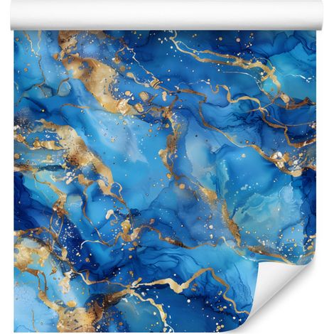 Papier peint bleu encre, azur, turquoise et beige pour salon et chambre 50x1000 (1/5)