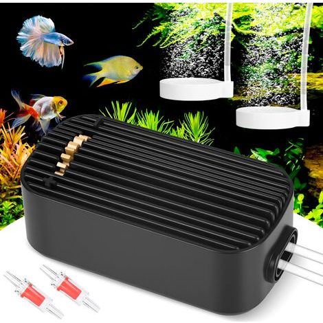 Applicable Pompe à Air Aquarium, Silent Pompe à Air Aquarium, 5W Puissante Sortie Bulleur Aquarium, Réglable Bulleur pour Aquarium avec Pierre à Bulles et Clapet Anti-Retour, 2M Tuyau et 2 Sorties d'a (1/5)
