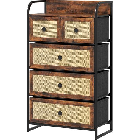 Commode 5 tiroirs dormitorio, façade rotin, cadre acier, marron rustique 58x29x99 cm (1/5)